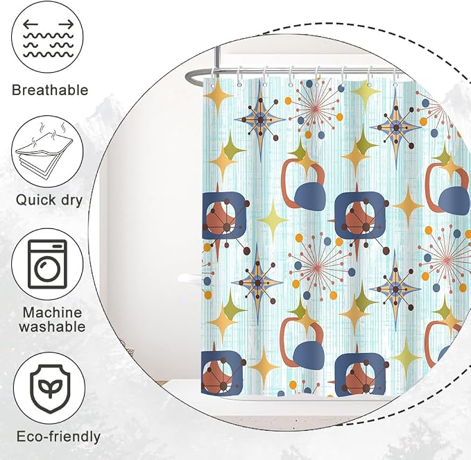 Mid Century Shower Curtain, 48x72inch, Modern Abstract Retro Blue Striped Geometric Shower Curtain Sets 1950s Boho Bathroom Shower Curtain with 8 Hooks