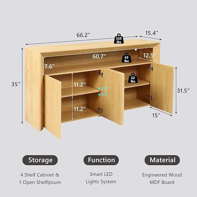 66.2" Buffet Cabinet with Storage and led Lights,Modern Sideboard Cabinet with 4 Doors & Shelves,Fluted Media Console Mid Century Coffee Bar Table for Living Room Kitchen Dining Room,Oak