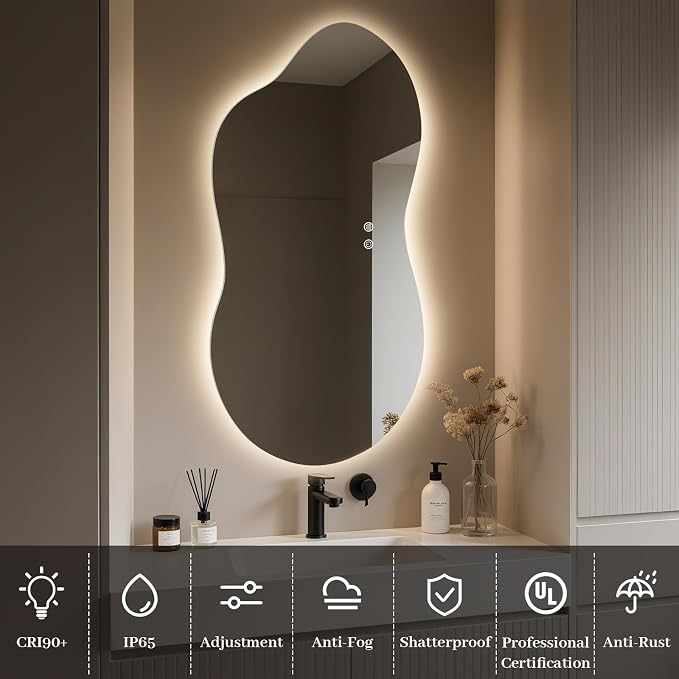 WallBeyond 36"x20" Irregular LED Vanity Mirror with Backlight, Asymmetrical Bathroom Mirror with Lights for Makeup or Modern Sink Area, Anti-Fog & Dimmable, Horizontal/Vertical Mount