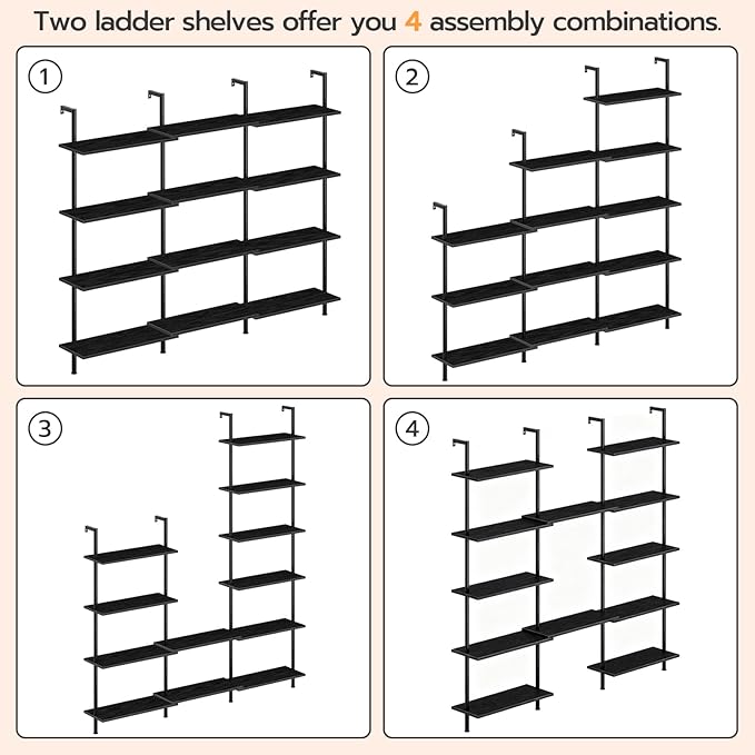 HOOBRO DIY Ladder Shelf, 6-Tier Wall Mounted Bookshelf, Office Vertical Bookcase, Wooden Storage Shelves for Home Office, Bedroom, Black BB65CJ01