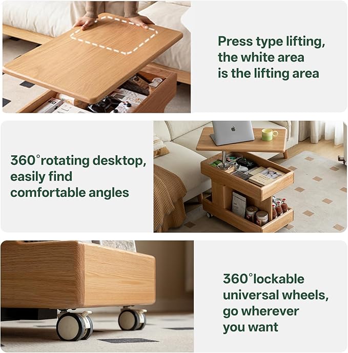100% Solid Wood Lift Top Coffee Table with Storage, Small Bedside Table with Wheels and 360° Rotating Desktop, Rolling Coffee Table for Living Room, Bedroom(Natural, No Need to Install)