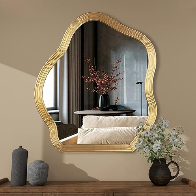 SHYFOY Antique Gold Wall Mirror, Asymmetrical Decorative Mirror for Wall Decor, Irregular Large Ornate Mirrors for Living Room, Wavy Abstract Cloud Mirror, 31.5" L x 27.5" W