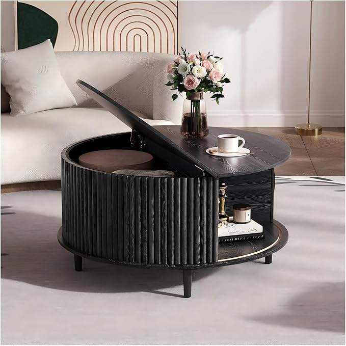 Round Coffee Table with Storage, 31.5" Black Wood Drum Table, Fluted Circle Center Table for Living Room, Modern Mid Century Furniture with Sliding Door