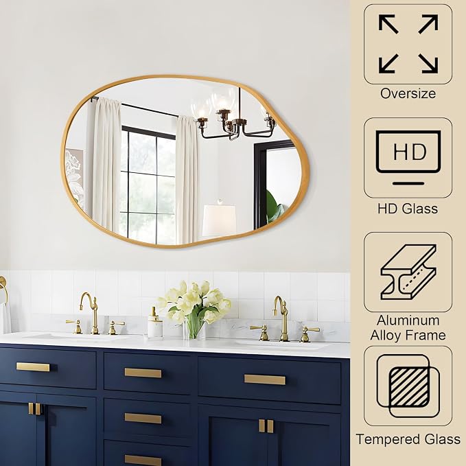 Gold Irregular Wall Mirror Aluminum Alloy Frame Asymmetrical Bathroom Mirrors Brushed Metal Vanity Wall Mounted Mirror for LivingRoom Bedroom Entryway Room Home Decor Large 22"x30"