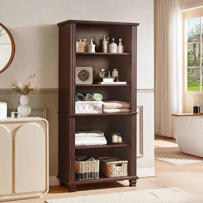 SAVOR LIFE 70" Tall Walnut Bookshelf,5 Tier Wooden Book Shelf with Adjustable Shelves & Wood Legs,Free Standing Farmhouse Bookcase with Open Display Storage,Vintage Bookshelves for Classroom, Office