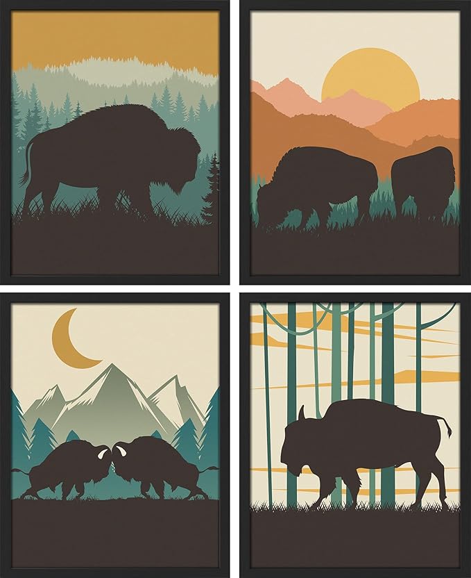 SIGNWIN Framed Country Farmhouse Vibrant Bison Wall Art, Set of 4 Silhouette Animals Wall Decor Prints, Wilderness Nature Wall D¨¦cor for Living Room, Bedroom - 12"x16" Black