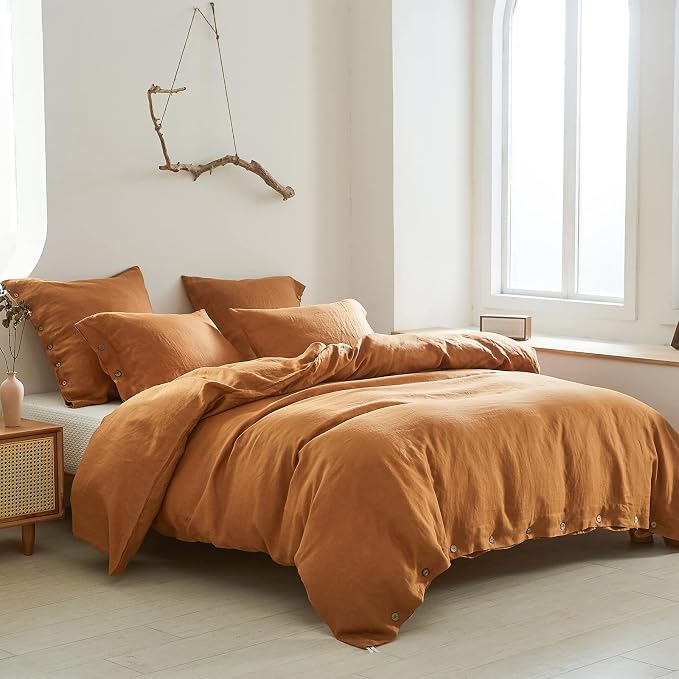 Simple&Opulence 100% Linen Duvet Cover Set 3pcs with Coconut Button Closure Natural French Washed Flax Solid Color Soft Breathable Farmhouse Bedding - Rust, King Size