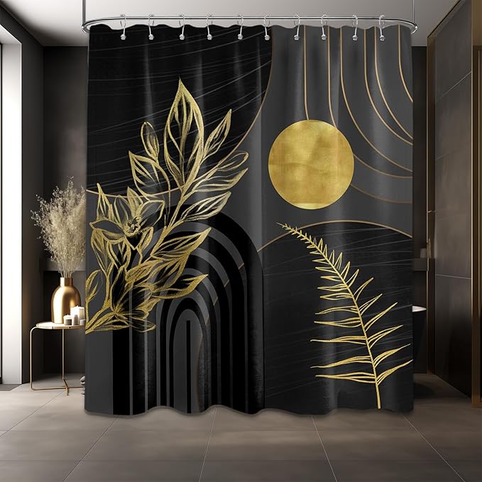 Black and Gold Shower Curtain Boho Mid Century Black and Dark Grey and Gold Shower Curtains for Bathroom Decor, Waterproof Cloth Fabric with Hooks, 60" W x 72" L