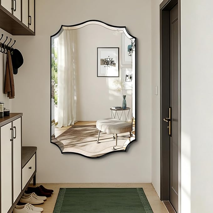 POZINO Scalloped Beveled Mirror, 30"x48" Modern Rectangle Mirrors for Over Sink, Large Wavy Decorative Mirrors, Irregular Shaped Mirror for Vanity Bathroom Living Room Bedroom Fireplace Entryway
