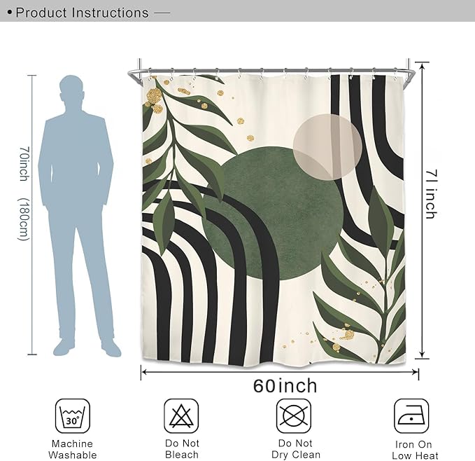 Miyotaa Abstract Sage Green Black Shower Curtain Set 60Wx71H Inches Modern Aesthetic Contemporary Minimalist Plant Leaves Neutral Geometric Waterproof Bathroom Curtain with 12 Hooks