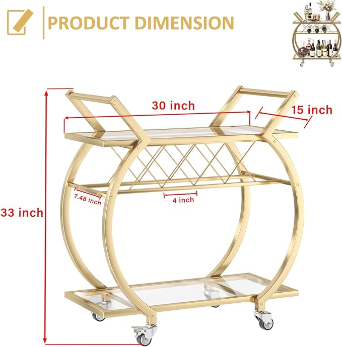 LVB Gold Bar Cart with Glass, Bar Cart with Wheels, Wine Cart with 2 Tier Storage Glass Shelves Home Bar Serving Cart with Wine Rack, Liquor Cart for Kitchen, Bar, Dinning Room