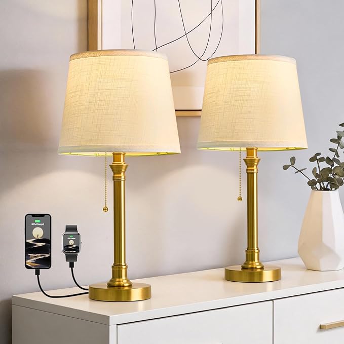 Oneach 19.5" Gold Table Lamp Set of 2, Small Bedside Table Lamps with White Linen Shade, Pull Chain Switch, USB A+C Charging Ports, Modern Nightstand Lamp for Living Room, Bedroom, Nursery