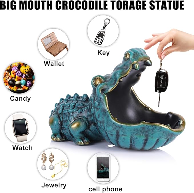 Alligator Statue Key Bowl, Fun Animal Statue Candy Dish for Entryway Decorative Bowl, Office Candy Dish, Big Mouth Sculpture Home Living Room Trinket Container Storage Box (Green)