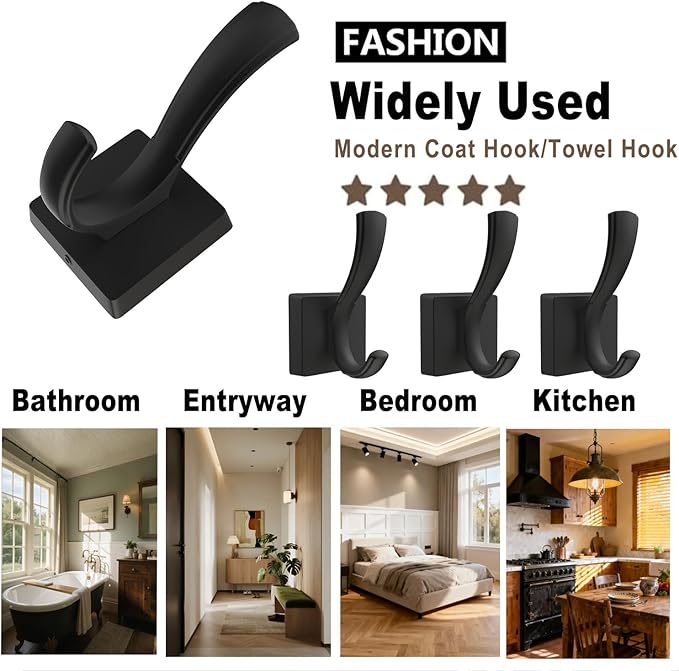 TOFIIGREM Black Towel Hooks Coat Hooks for Wall, Hand Towel Holder Robe Hook for Bathroom, Entryway Hat Hooks for Hanging Coat Towels Keys Hats (6 Pack)