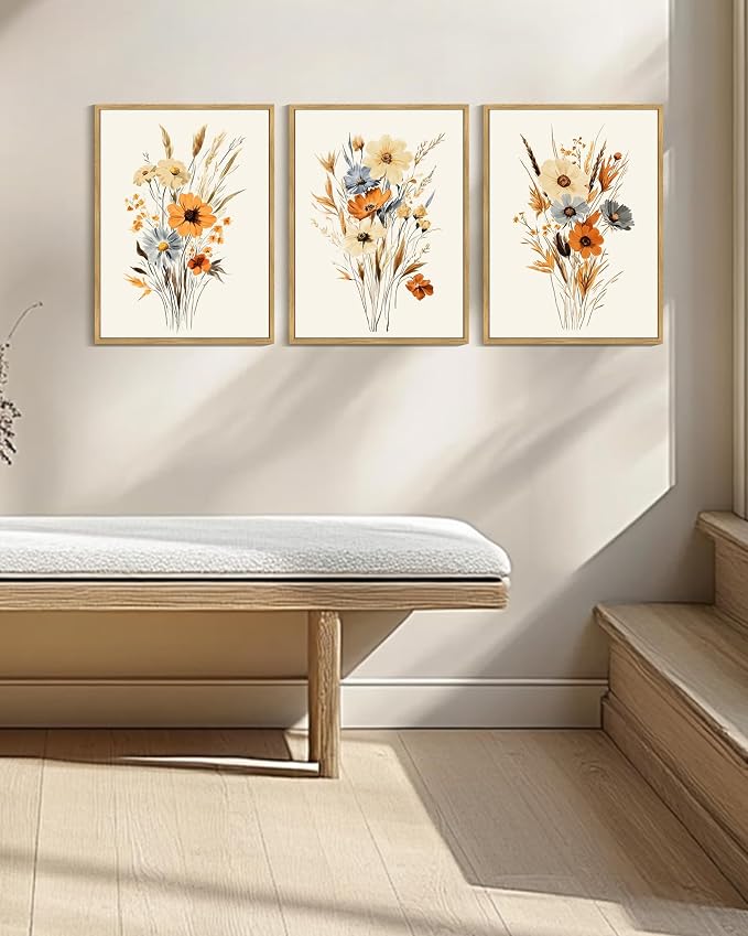 KUVIOKE Vintage Wildflower Bouquet Framed Wall Art Retro Flower Botanical Pictures Illustrations Colorful Floral Hanging Decor 12x16in (Natural Framed)