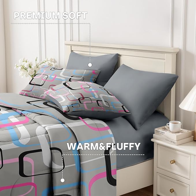 Nesker 7 Pcs Comforter Set Full Size, Geometric Retro Square Bedding Set for Kids and Adults, Grey Colorful Bed Sheet Sets with Fitted Sheet 2 Pillowcases & 2 Shams