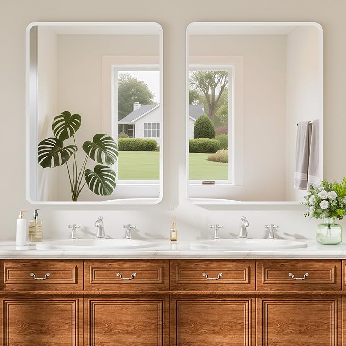 24x32 inch White Bathroom Mirror, White Metal Framed Rounded Rectangle Wall Mount Vanity Mirror, HD Tempered Glass, Aluminum Frame, Horizontal or Vertical Hanging, Modern Home Decor
