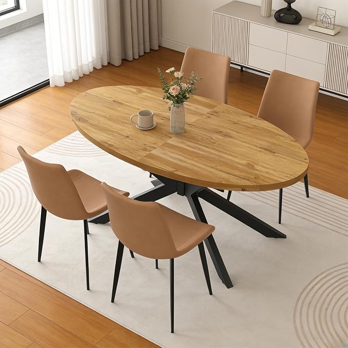 63"-78.7" Extendable Round Dining Table Set for 4, 5 Piece Mid Century Modern Oval Kitchen Table Set, Large Dining Table with 4 Dining Chairs for Living Room Space Saving（Walnut Table+4 Brown Chairs)