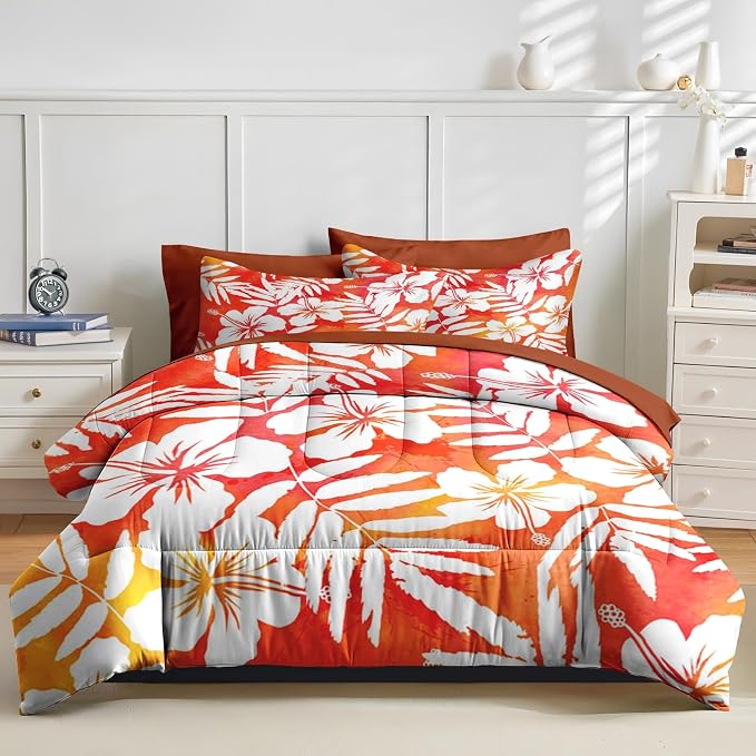 Nesker 7 Pcs Comforter Set King Size, Red Hibiscus Hawaiian Bedding Set for Kids and Adults, Flower Surf Floral Bed Sheet Sets with Fitted Sheet 2 Pillowcases & 2 Shams