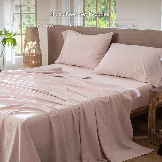 MooMee Bedding Sheet Set 100% Washed Cotton Linen Like Textured Breathable Durable Soft Comfy (Heathered Greyish Pink, California King)