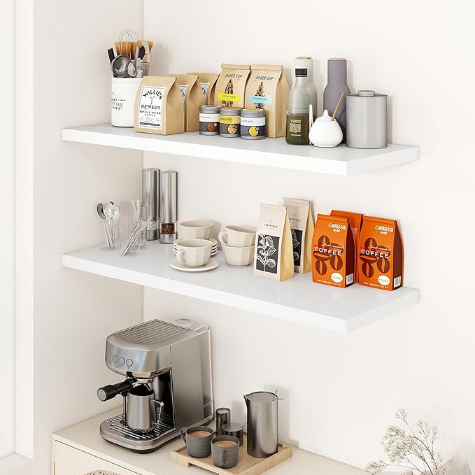 Dreamland 40" Floating Shelves for Wall, 12" Deep Slim White Floating Shelves, Wall-Mounted Shelves for Bedroom, Living Room, Kitchen, Bathroom - Set of 2