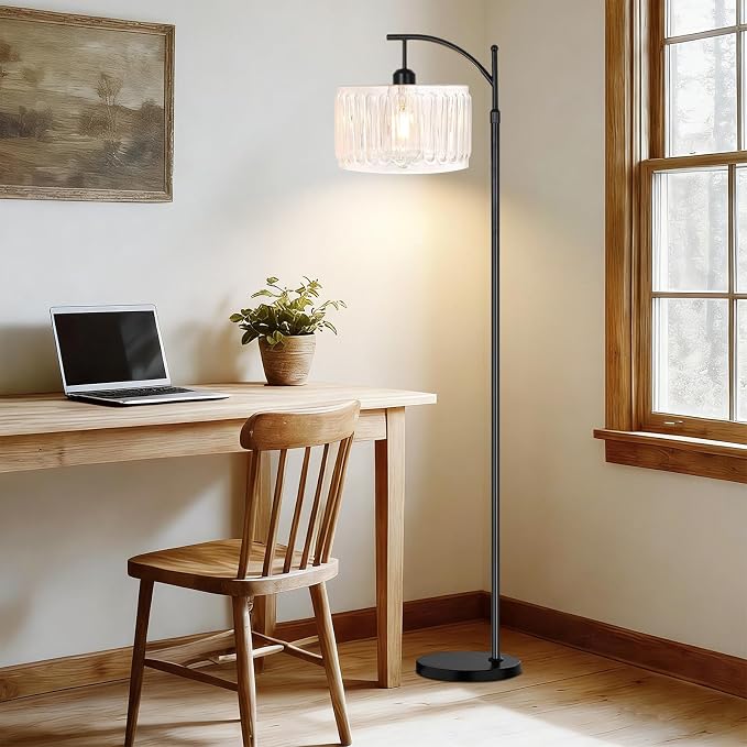 ILLMTW Arc Floor Lamp for Living Room,Bedroom,Glass Standing Lamp with Remote Dimmable,Mid Century Modern White Tall Floor Lamps Boho Black Vintage Floor Light Bohemian