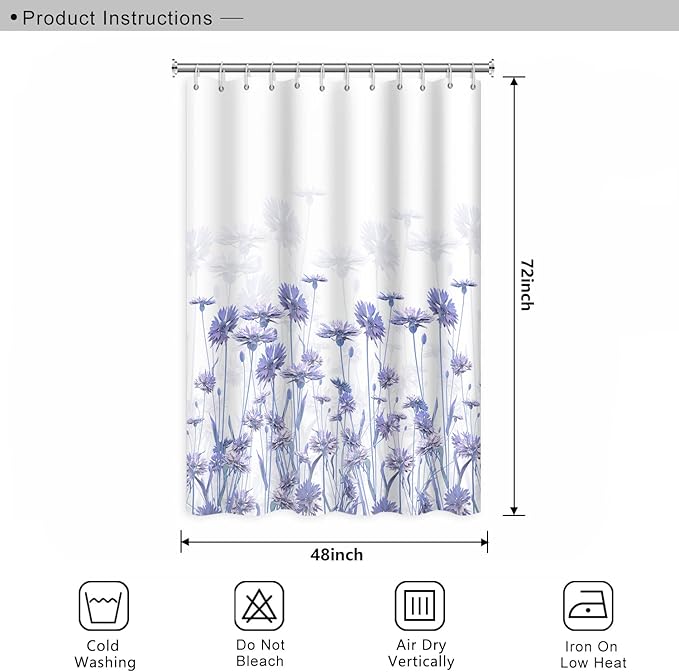 Purple Flower Shower Curtain for Bathroom Spring Floral Nature Wild Botanical Shower Curtain Waterproof Polyester Fabric Modern Art Aesthetics Home Decor Bath Curtain with Hooks, 48x72 Inch