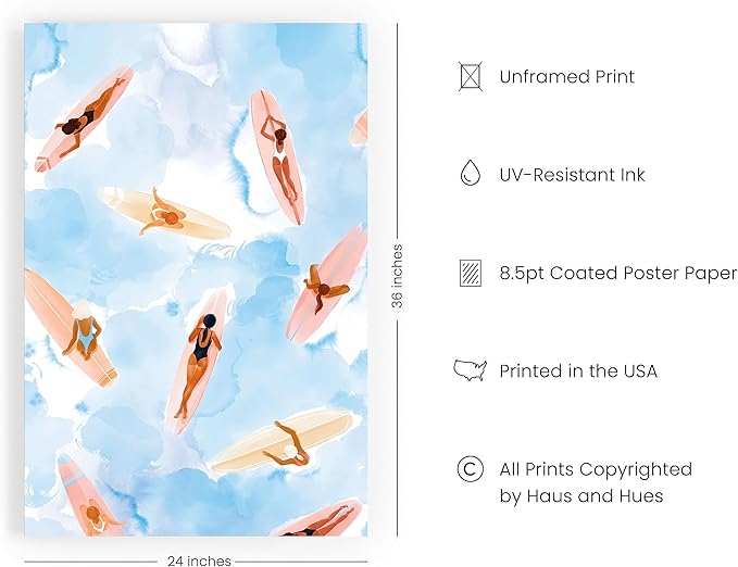 HAUS AND HUES Beach Art - Surfer Girl Poster, Beach Themed Prints, Surfing Artwork, Ocean Surf Art (Unframed, 24x36)