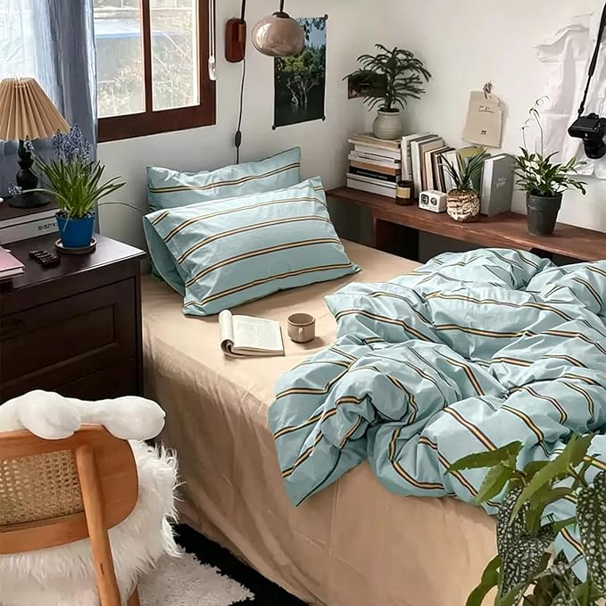 mixinni Retro Mint Blue Striped Duvet Cover Set - 100% Natural Cotton 3-Piece Vintage Stripes Pattern Printed Bedding Set, Soft Breathable Comforter Cover with Zipper Closure & Corner Ties, King Size