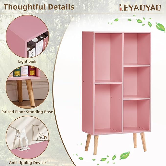 LEYAOYAO 5 Cube Bookshelf 3-Tier Bookcase with Legs,Mint Light Pink Kids Book Shelf Cute Storage Organizer,Free Standing Open Toy Shelves Wood Bookshelves,Display Bookcases for Bedroom,Living Room