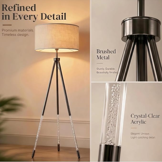 JOOFO Tripod Floor Lamp with Remote Control, Stepless Dimmable Tall Floor Lamp with Fabric Shade, Acrylic Bubble & Metal Pole Design, Modern Standing Lamp for Living Room Bedroom, Brushed Black