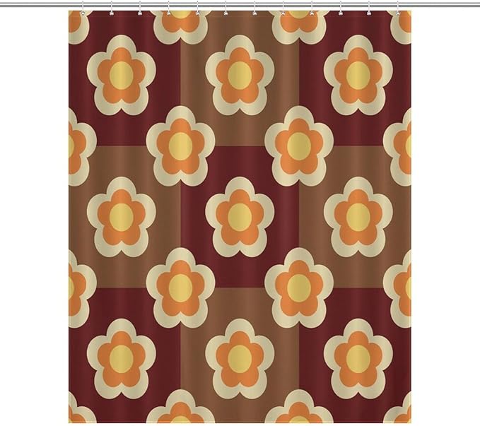 Bohemia Orange Brown Flowers Shower Curtain Funky Retro Lattice Floral Hippie Mid Century Aesthetic Washable Waterproof Fabric for Bathroom Decor Bathtub with 12 Hooks 55x72in（140x183cm）