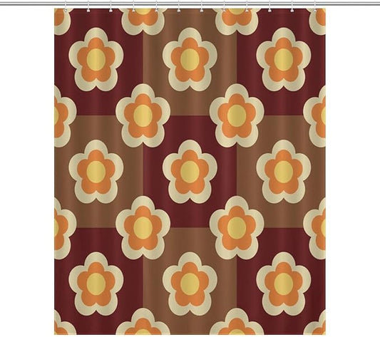 Bohemia Orange Brown Flowers Shower Curtain Funky Retro Lattice Floral Hippie Mid Century Aesthetic Washable Waterproof Fabric for Bathroom Decor Bathtub with 12 Hooks 55x72in（140x183cm）