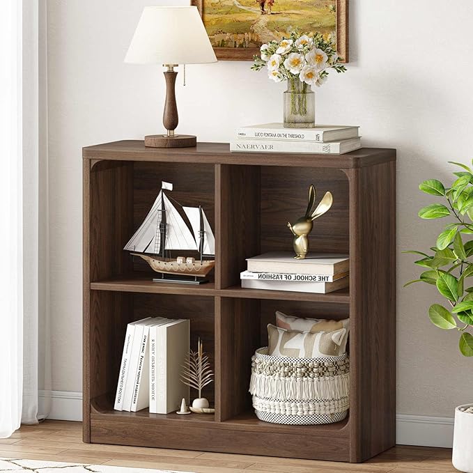 FATORRI 4 Cube Storage Organizer Bookshelf, Small Cube Bookcase, Wood Cubby Shelf for Living Room, Home Office, Bedroom (Dark Walnut, 29.53 Inch)