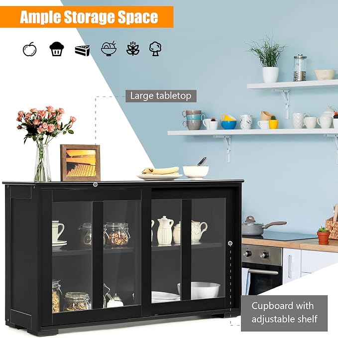 Sideboards Buffet Cabinet, Sliding Tempered Glass Door Coffee Bar, Console Table with Adjustable Shelf, Credenzas for Living Room, Stackable Kitchen Cupboard for Dining Room (Black)