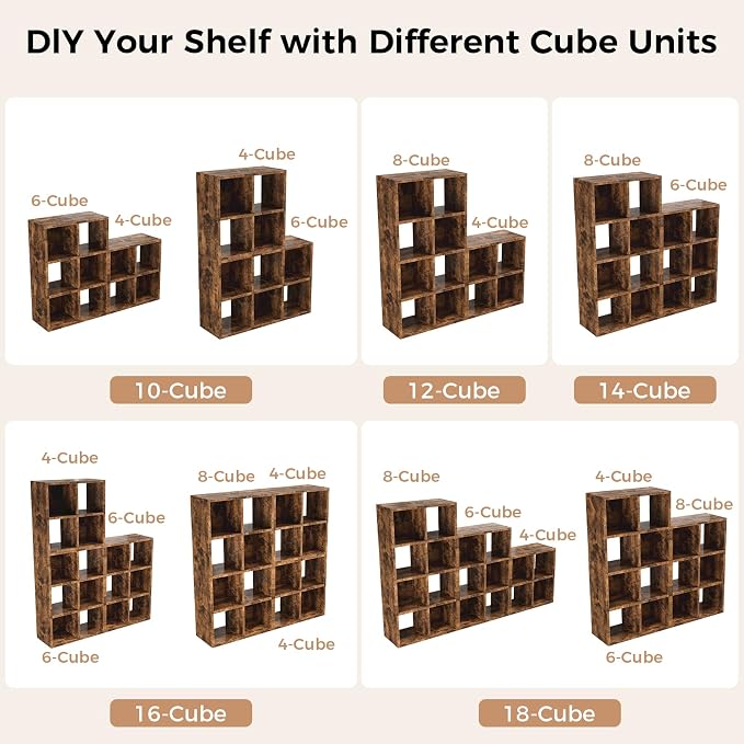 LUCKLIFE 8-Cube Storage Organizer, Stackable Modular Bookcase Shelf with Vertical or Horizontal Use, Fits 11×11" Bins, Optional Back Panels, for Living Room, Office Rustic Brown