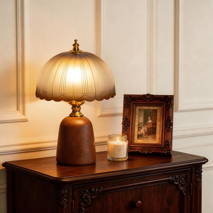 13 inch Decorative Wooden Mid-Century Modern Small Table Lamp, Vintage Amber Glass Shade, Solid Wood Base, Dimmable Bedside Lamp for Bedroom Living Room, Aesthetic Home Decor, E26 Bulb Included