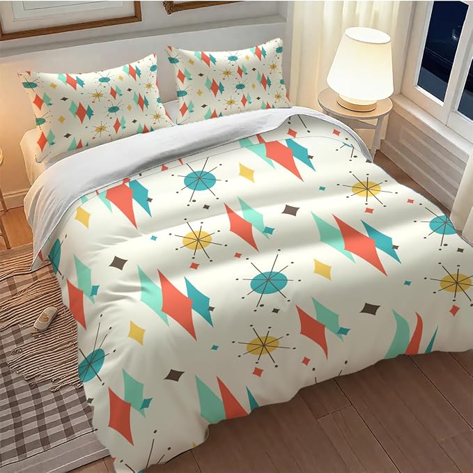 Mid Century Modern Bedding Set,1950s 1960s Vintage Abstract Atomic Stars Geometric Diamond Pastel Pattern Comforter Set with Pillowcase for Bedroom Bed Decor，Twin 86"x70"
