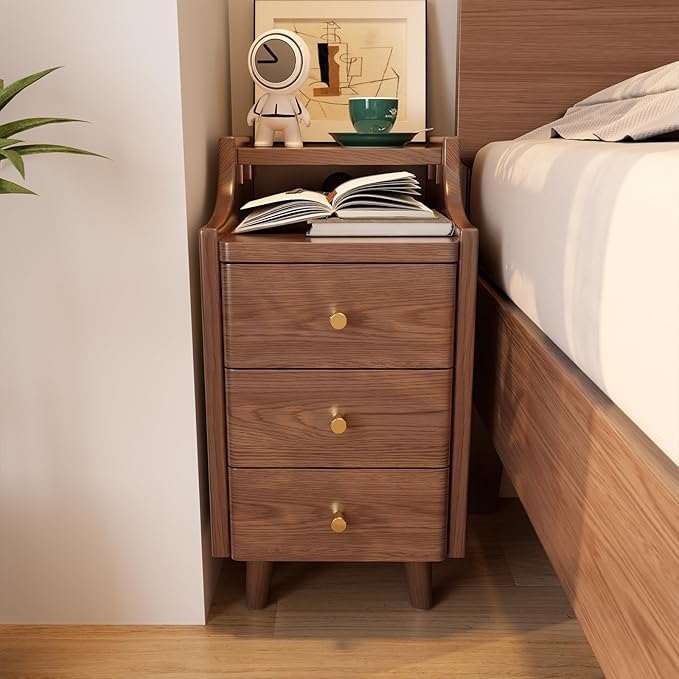 Solid Wood Narrow Nightstand with Drawers,Walnut Nightstand Wood Bedside Table Modern for Bedroom,Study,Toilet