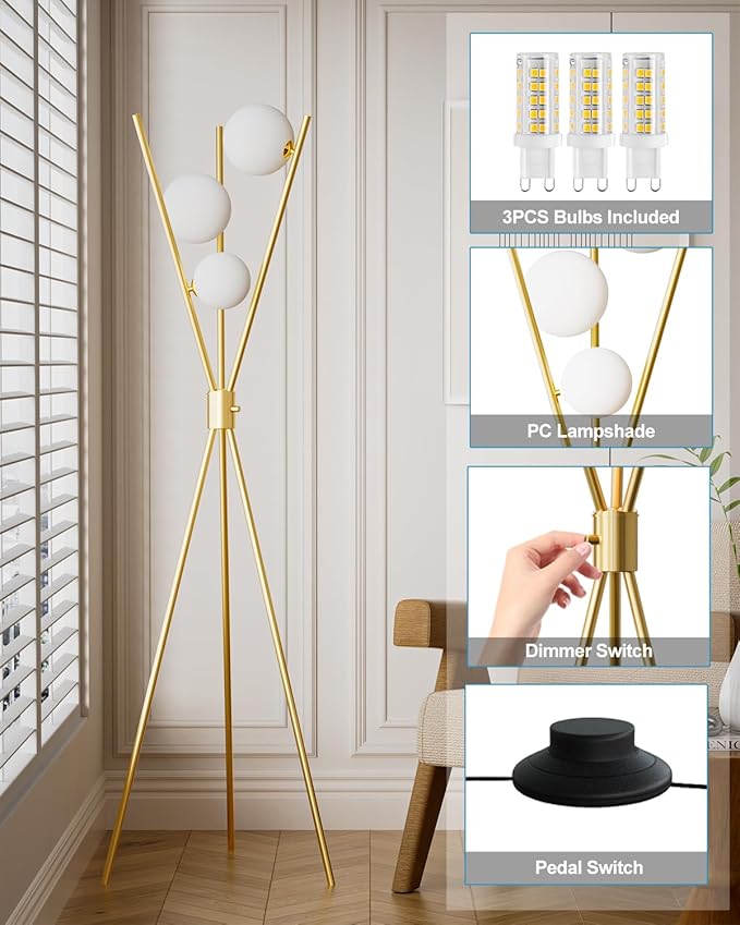 Lightdot Globe Modern Floor Lamp Stepless Dimmable Gold Tripod Standing Lamps with 3PCS 3000K Bulbs Included Stable Based Mid Century Modern Floor Lamp for Living Room/Bedroom/Sofa Beside/Corner Decor