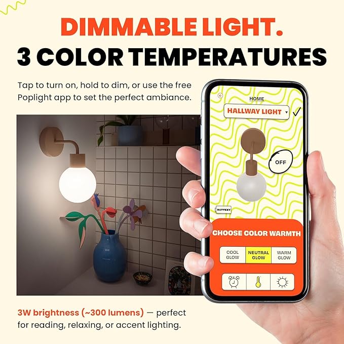 Wireless Wall Sconce (Shark Tank) Rechargeable & Dimmable LED Light w/App Control & Damage-Free Install, Moveable Modern Ambient Lighting for Elegant Home & Bedroom Decor | Mushroom