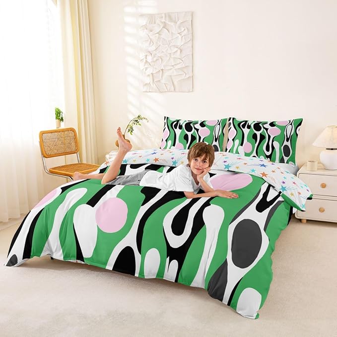 Erosebridal Mid Century Modern Abstract Duvet Cover Set Vintage Geometric Full Size Bedding Sets for Toddler Boys Contemporary Organic Shapes Comforter Cover Squiggle Blob Bed Set,Green Pink