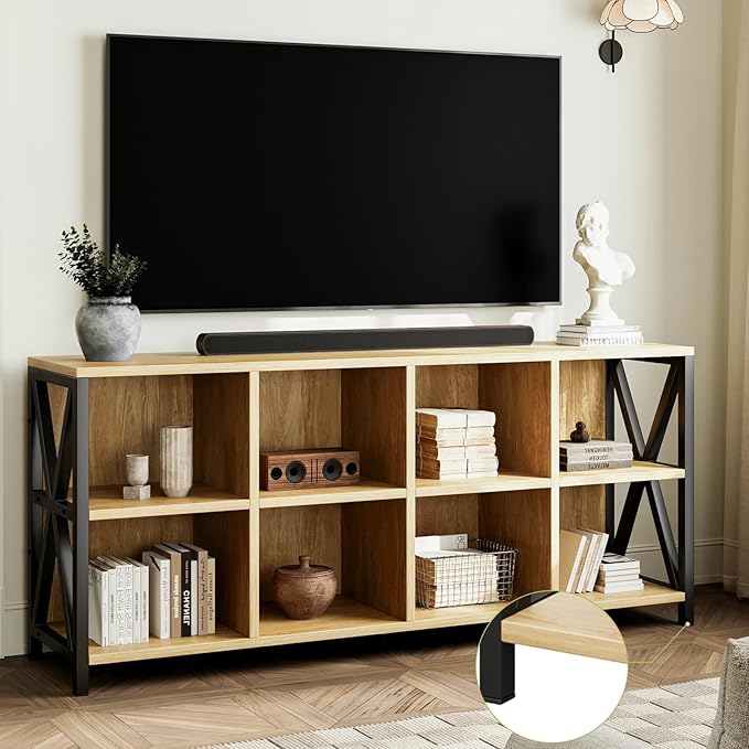 63" 8 Cube Horizontal Bookshelf Long Bookshelf Wood Cube Storage Organizer Wood Cubby Bookcase for Living Room Maple