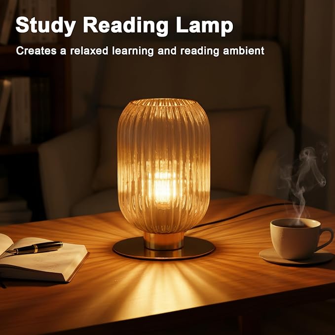 Small Table Lamp, Mid Century Modern Bedside Table Lamp, Amber Ribbed Glass Globe Table Lamp, Vintage Brass Nightstand Lamp for Bedroom Living Room Office, E26 Desk Lamp