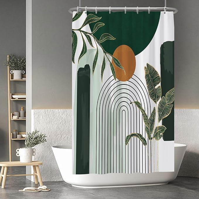 Baocicoo Mid Century Minimalist Shower Curtain - Tropical Leaf Bohemia Art Decor Fabric - Durable with Hooks - 48x72 Inches - Green Bath Accessory