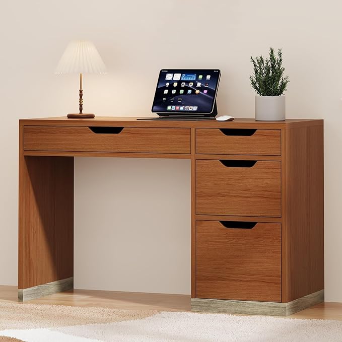 47" Computer Desk with Drawers, Small Home Office Desk with Storage, Wood Desk for Small Space, Office, Study, Brown