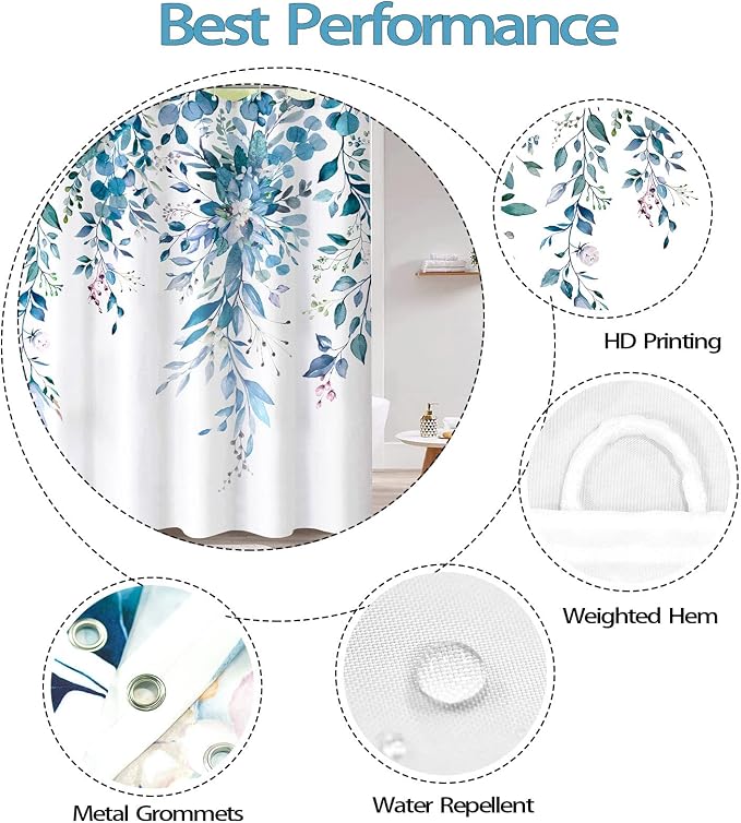 Blue Eucalyptus Shower Curtain Watercolor Floral Plant Leaf Shower Curtains for Bathroom Botanical Flower Waterproof Fabric Bath Curtain Decor with Hooks (Blue, 72'' x 72'')