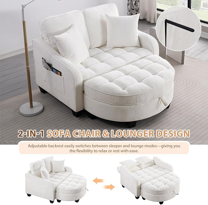 Oversized Curved Chaise Lounge Chair Indoor with Ottoman, 54.8" Cloud Boneless Reading Chair Soft Chenille Circle Couch w/Adjustable Backrest for Living Room, Apartroom, Bedroom, Beige