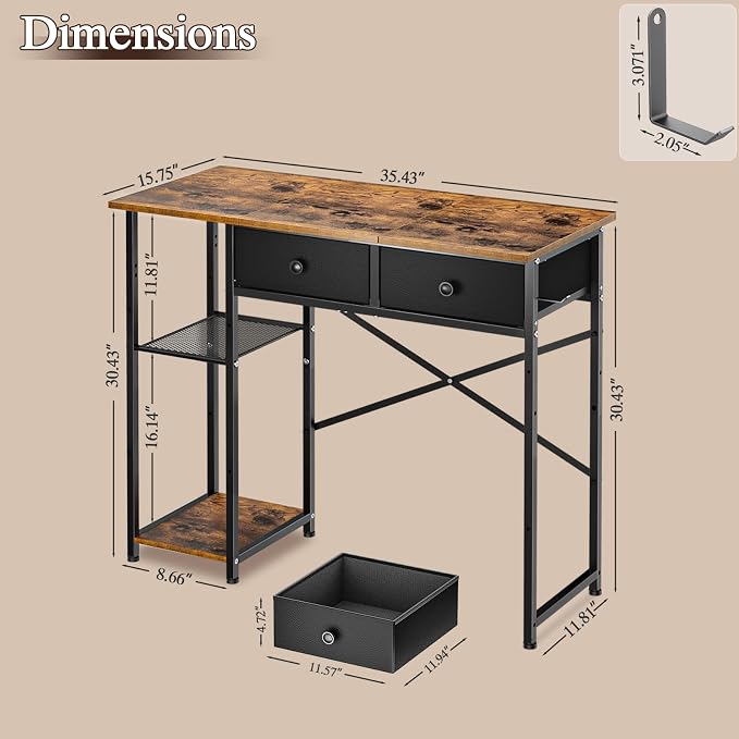 DAOUTIME Small Computer Desk, 36 Inch Writing Desk with Drawers & Storage Shelves, Home Office Writing Desk for Small Spaces, Bedroom, Living Room, Dorm, Rustic Brown