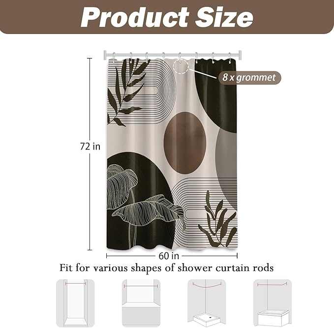 Brown and Beige Shower Curtain Light Brown Tan Taupe Boho Mid Century Modern Shower Curtains for Bathroom Decor MCM Mens Cool Bath Curtain Set, Waterproof Fabric with Hooks 48 x 72 Inch